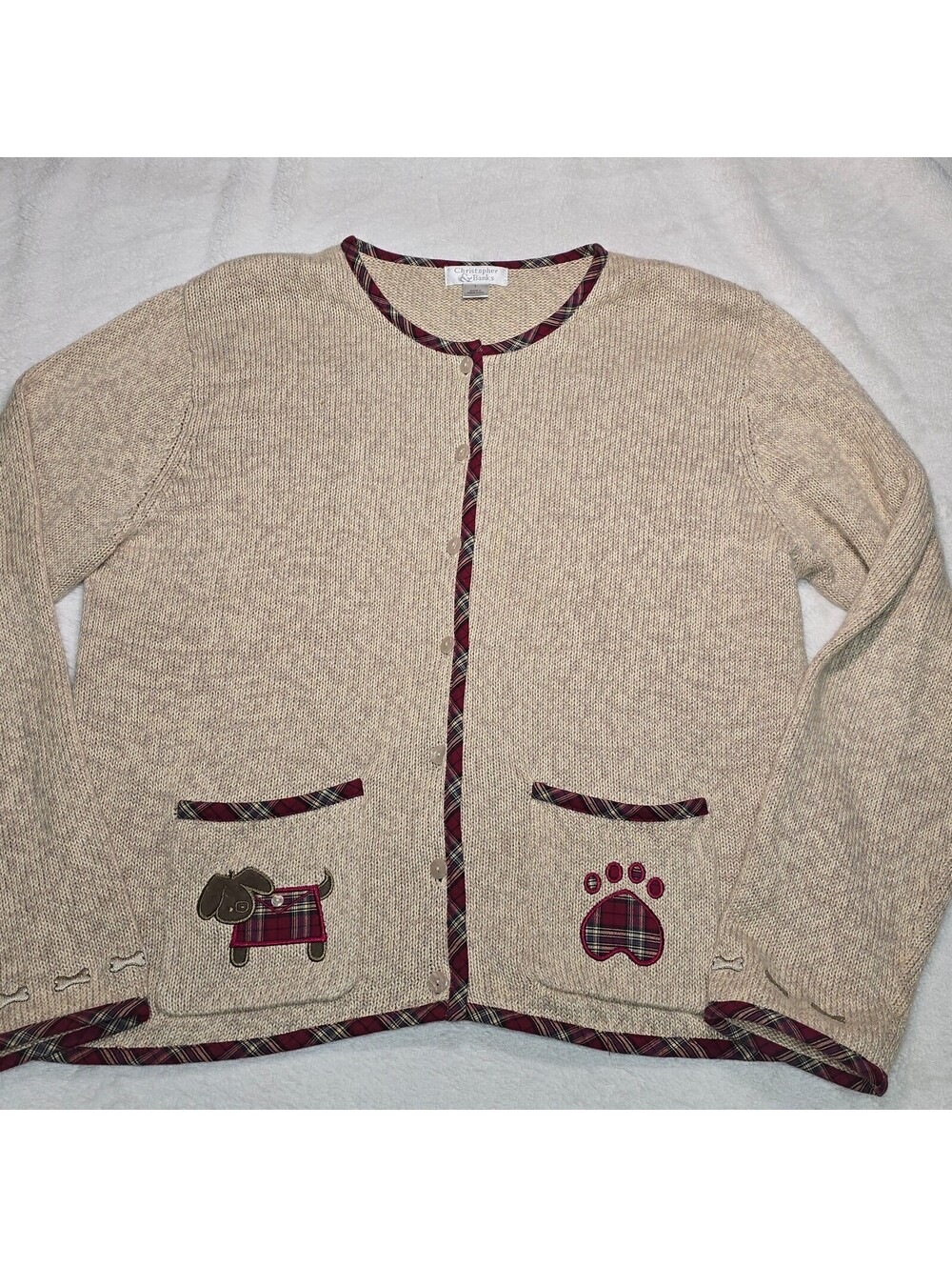 Vintage Christopher Banks Dog Cardigan Sweater Large Plaid Applique Cottagecore
